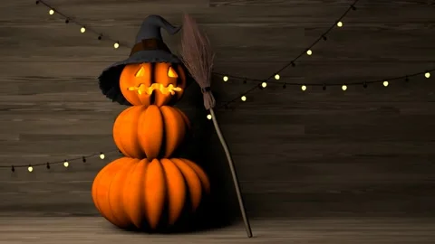 A pumpkinman in the witch hat on wooden background 3D 4K looped animation Stock Footage 219828346