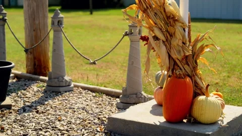 Pumpkins and autumn decorations outside a building in Lebanon Video stock 345530595