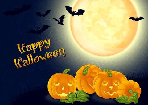Pumpkins and bats on a background of full moon Stock Illustration