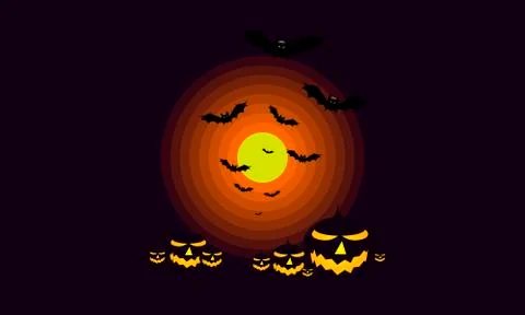 Pumpkins and bats in the background of the moon Stock Illustration