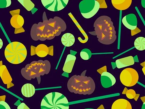 Pumpkins and candies seamless pattern. Halloween carved pumpkin with candie.. Illustrazione stock