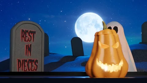 Pumpkins and a ghost in a cemetery  Stock Footage 285220751