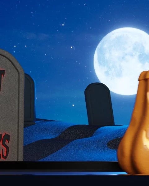 Pumpkins and a ghost in a cemetery	 Stock-Footage 285649238