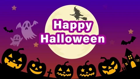 Pumpkins and ghosts partying under a full moon on Halloween night. Stock Footage 244294924