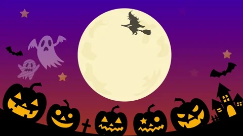 Pumpkins and ghosts partying under a full moon on Halloween night. Stock Footage 244294925