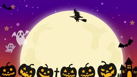 Pumpkins and ghosts partying under a full moon on Halloween night. Stock Footage 244295128