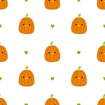 Pumpkins and hearts on seamless pattern. Squishmallow. Pumpkin. Kawaii, Vector Illustrazione stock