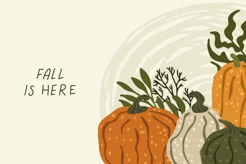 Pumpkins and leaves celebrating fall season in a simple banner Stock Illustration