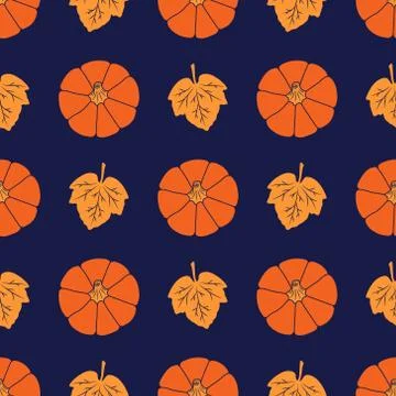 Pumpkins and leaves on deep blue color background. Seamless vector pattern. F Stock Illustration