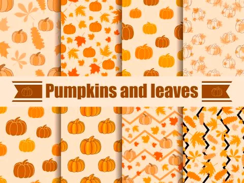 Pumpkins and leaves seamless pattern. Collection of autumn backgrounds. Vecto イラスト素材