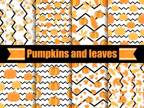 Pumpkins and leaves seamless pattern with zig zag lines. Collection of autumn Stock-Illustration