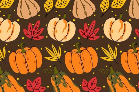 Pumpkins and maple leaves on brown background Illustrazione stock