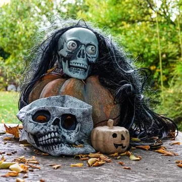 Pumpkins and skulls on a table Stock Photos
