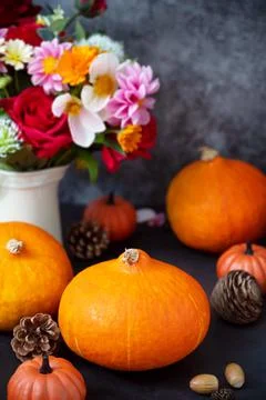 Pumpkins. Autumn creative flatlay, dark background with candles, autumn flowe Stock-Fotos