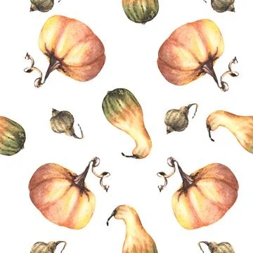 Pumpkins autumn harvest seamless pattern on Isolated background. Watercolor hand Stock Illustration