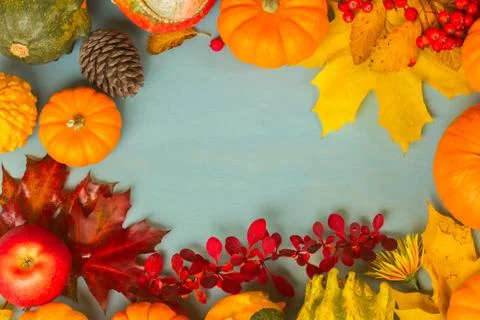 Pumpkins on blue table Stock Photos