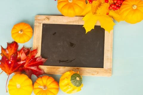 Pumpkins on blue table Stock Photos