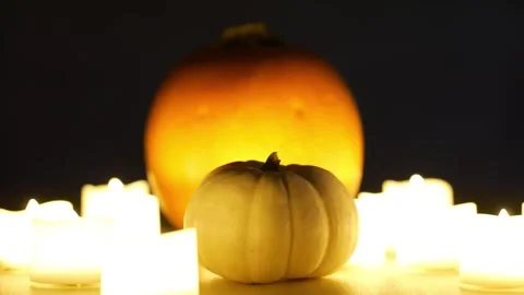 Pumpkins with candles flickering around them. Static shot. Halloween season Stock Footage 253829405
