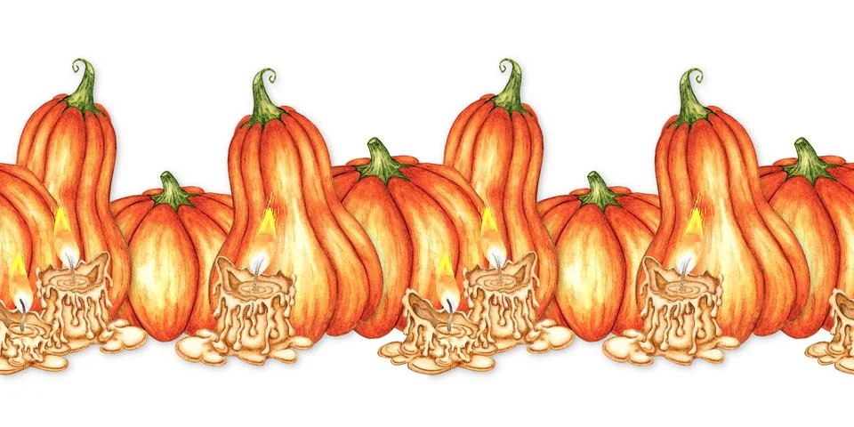 Pumpkins candles pattern horizontal watercolor Stock Illustration