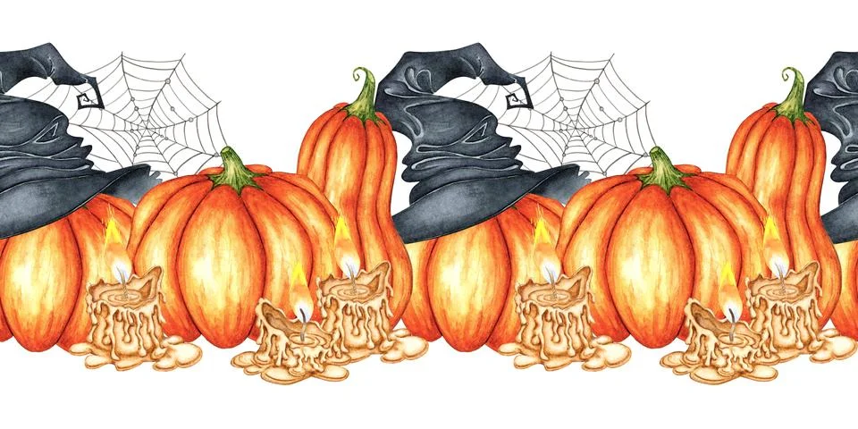 Pumpkins candles spider web witch hat pattern horizontal watercolor Illustrazione stock