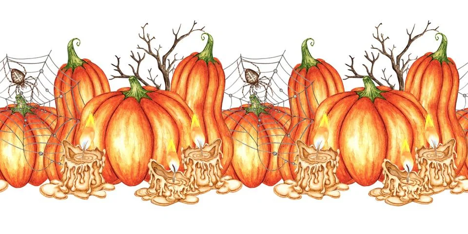 Pumpkins candles web pattern horizontal watercolor Stock Illustration