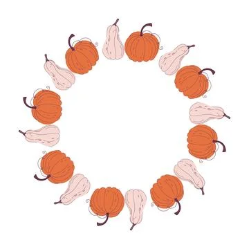 Pumpkins circle frame. Decorative Fall wreath. Cute Autumn vegetables. Stock Illustration