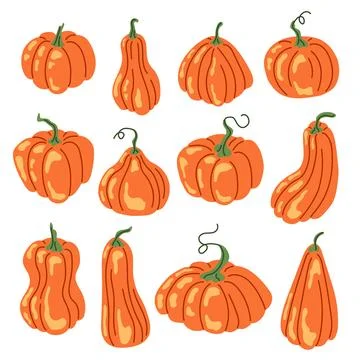 Pumpkins collection in flat style. Autumn, fall, thanksgiving and halloween Stock Illustration