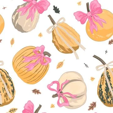 Pumpkins with Coquette Bows Seamless Pattern. Autumn Thanksgiving Prints, Wra Stock Illustration