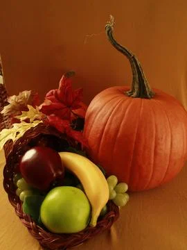PUMPKINS  &amp; cornucopia filled with fruit (HALLOWEEN THanksgiving Stock Photos