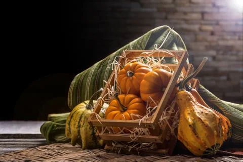 Pumpkins in crate Stock Photos