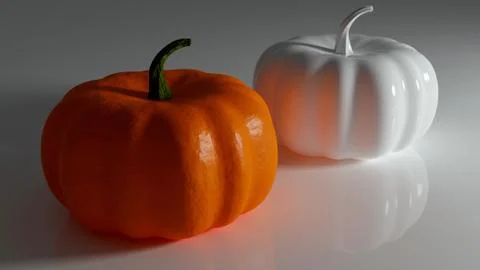 Pumpkins designed in three dimensions on white glossy surface. 3D render Иллюстрация