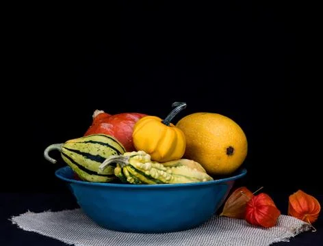 Pumpkins of different color and shape in a bowl black background Stock Photos