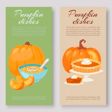 Pumpkins dishes vector banners set. Menu banner vegetarian elements with pumpkin 스톡 일러스트