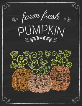 Pumpkins doodle on the black board Stock Illustration