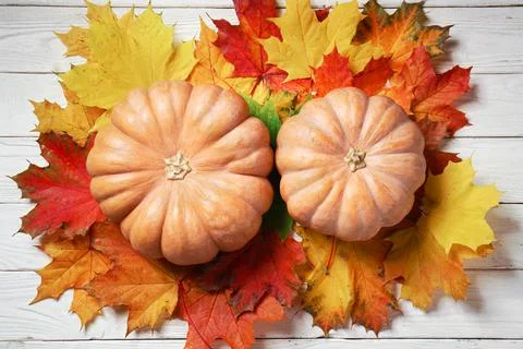 Pumpkins on the fallen maple leaves on the white wooden boards. Foto stock
