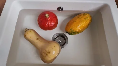 Pumpkins floating in water in kitchen sink top view Video stock 330967982