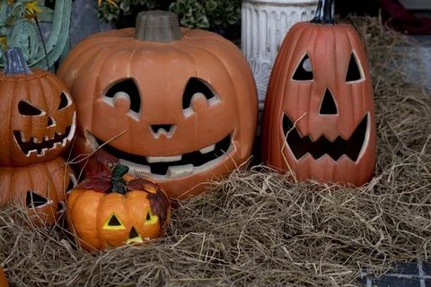 Pumpkins on the floor of the haystack Stock Photos