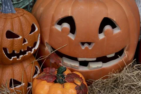 Pumpkins on the floor of the haystack Stock Photos