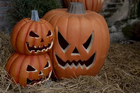 Pumpkins on the floor of the haystack Stock Photos
