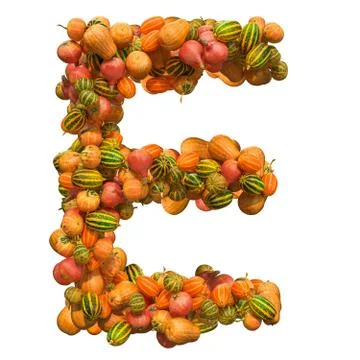 Pumpkins font, letter E from squashes. 3D rendering Stock Illustration