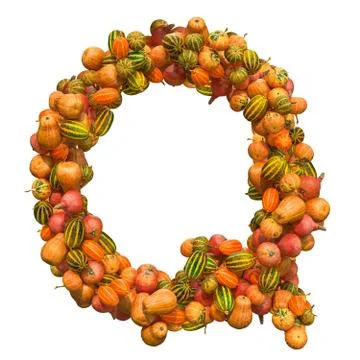 Pumpkins font, letter Q from squashes. 3D rendering Illustrazione stock