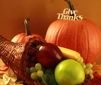 PUMPKINS  - fruit filled cornucopia   Halloween- Thanksgiving Stock Photos