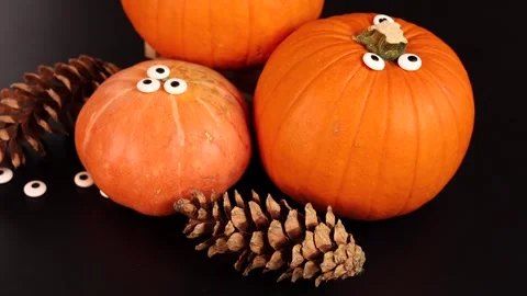 Pumpkins with googly eyes evoke fun Halloween theme. Pinecones add rustic charm Stock Footage 288362712