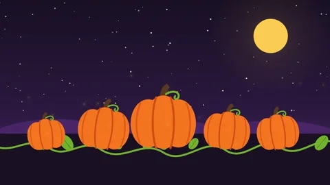 Pumpkins growing one by one in a moonlit pumpkin patch with fireflies Vídeo Stock 347895679