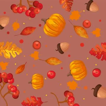 Pumpkins with leafs and nuts autumn pattern background Stock Illustration
