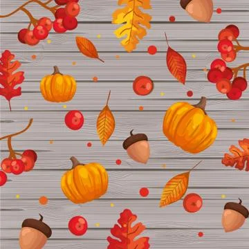 Pumpkins with leafs and nuts autumn pattern background Stockillustratie
