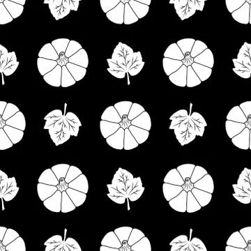 Pumpkins with leaves. Seamless vector pattern. White elements on a black back Illustrazione stock