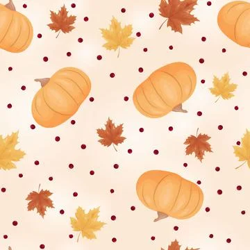 Pumpkins, maple leaves on a beige background. Stock Illustration