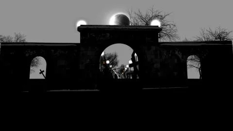 Pumpkins, the Moon, lampstands through Arc Stock Illustration