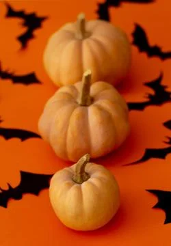 Pumpkins on orange table. Halloween background Stock Photos